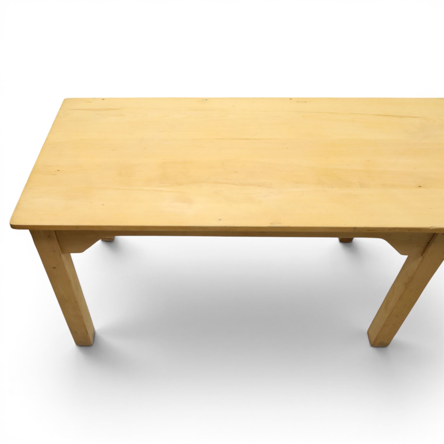 Mid 20th century beech dining table, rectangular top with rounded corners, plain apron with shaped brackets, raised on six square section supports