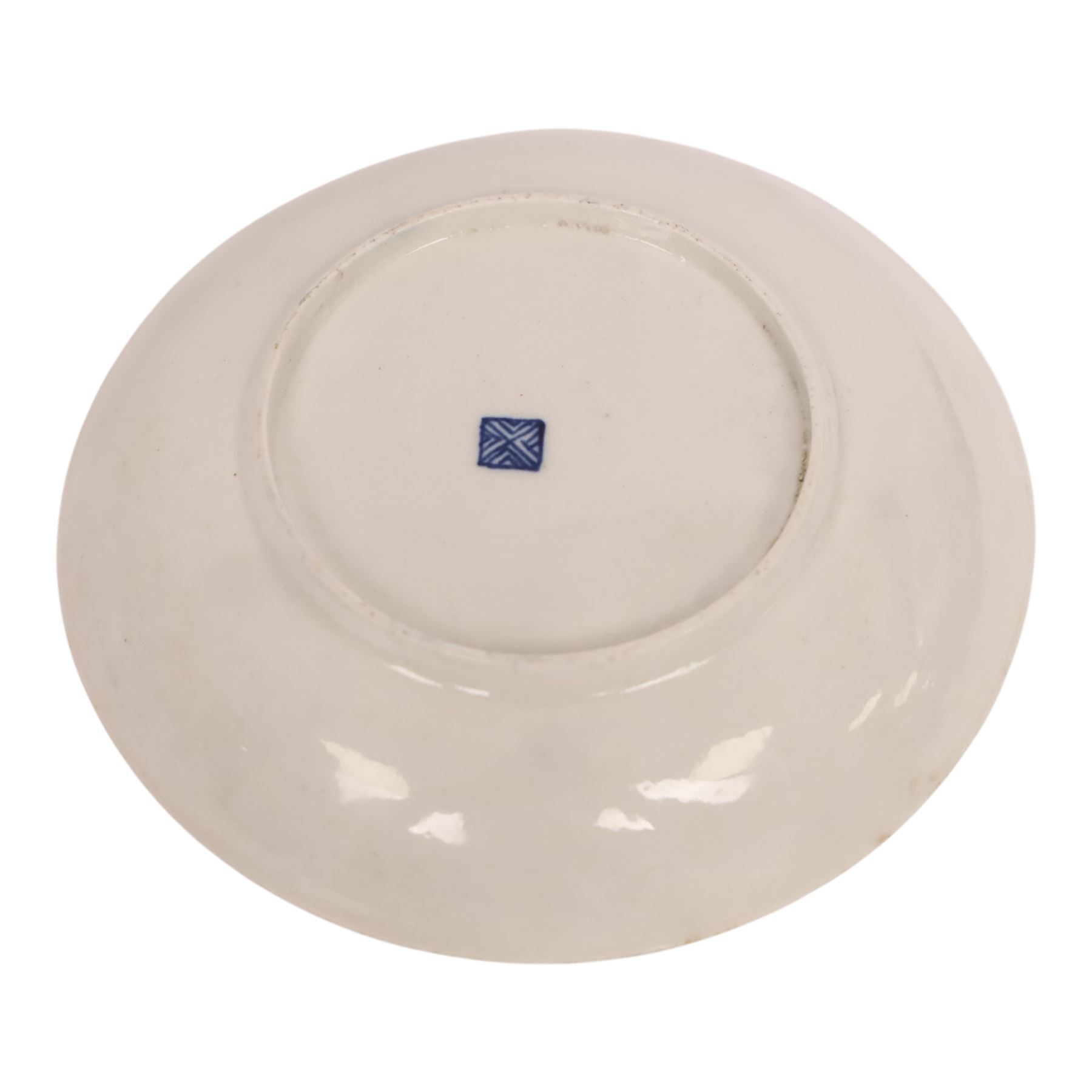 18th century Worcester coffee cup and saucer, circa 1770,  painted with shaped panels of chrysanthemums and banded hedges on a blue scale ground with gilt detail to the rim, mark beneath, H8cm 