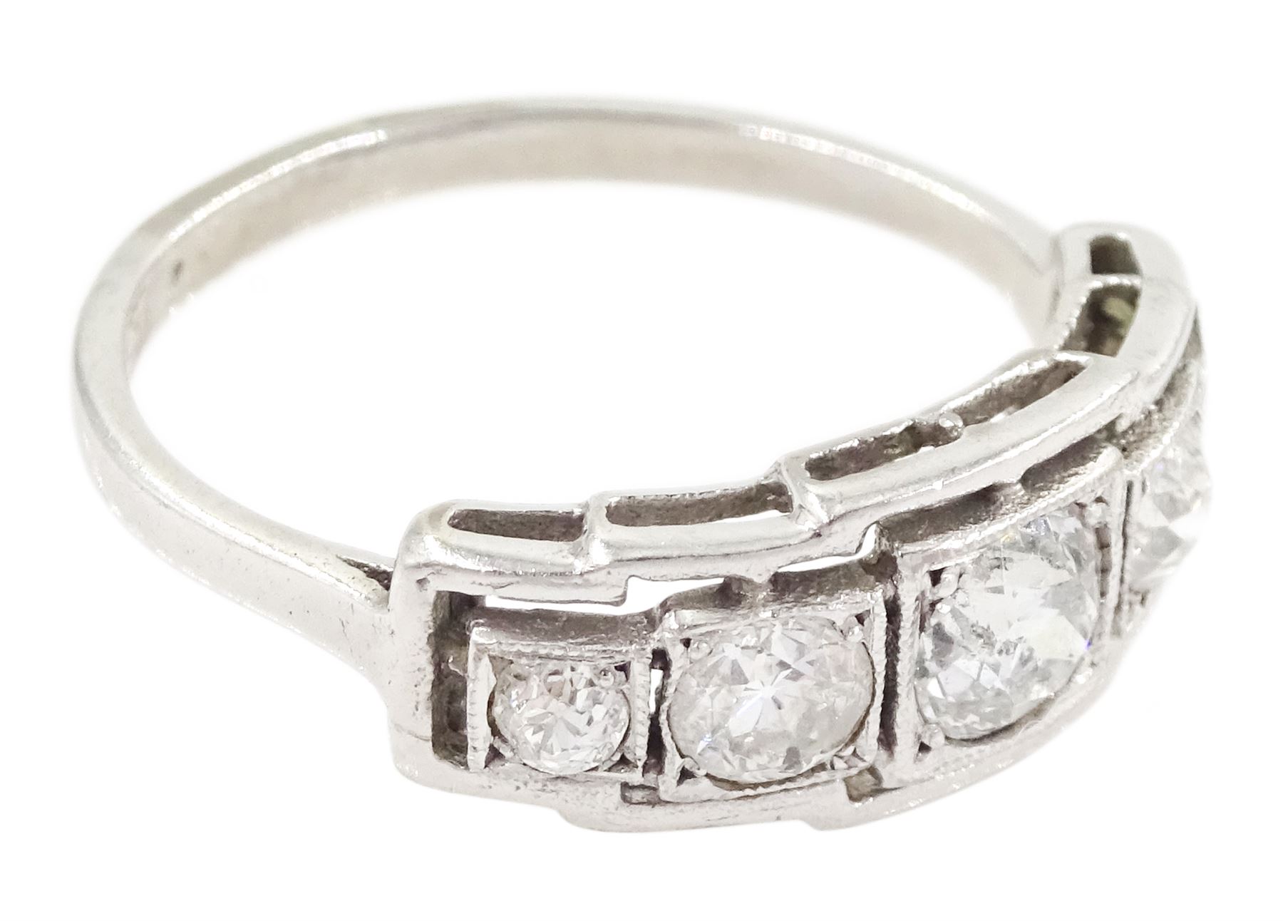 Art Deco white gold diamond ring, five milgrain set graduating old cut diamonds, in a square openwork setting, stamped 18ct, total diamond weight approx 0.80 carat