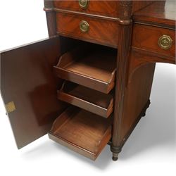 19th century mahogany Hepplewhite design pedestal sideboard or pair of bedside pedestals, each pedestal fitted with two drawers and cupboard, decorated with figured panelled doors and ebony stringing, curled leaf carved mounts over reeded half columns, on turned feet 