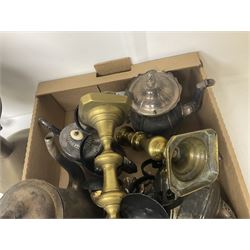 Two metal oil lamps, together with brass candlesticks, silver plate and other metalware etc