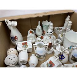 Collection of crested ware, to include Scarborough Willow Art coal truck, Whitby Willow Art Burns and Highland Mary figure group, Carlton China beer drinker 'Tak Hod an Sup Lad', and 'Here's ta me an'ma wife's usban', lighthouse, boat, Kingsway Art China Sir Walter Scott's Chair, butter dishes, candlestick, pianos etc