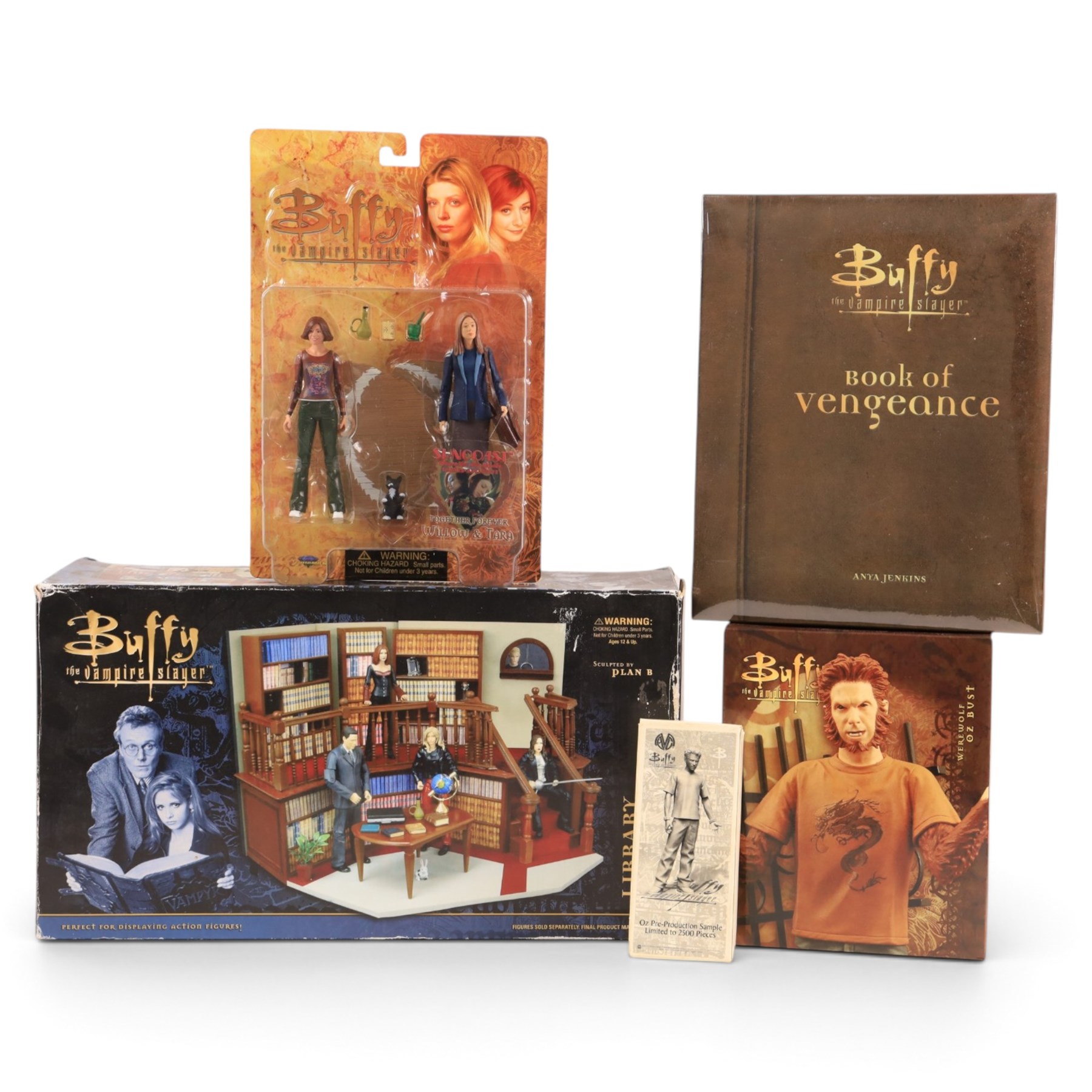 Buffy The Vampire Slayer figures and playsets, comprising Diamond Select Toys Library Playset, Willow & Tara figure pack and limited edition Book of Vengeance figure set, Gentle Giant Werewolf Oz Bust and a limited edition Oz pre-production sample figure, all boxed
