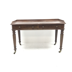Victorian mahogany figured two drawer writing desk side table, fitted with two drawers, W124cm, D61cm, H79cm