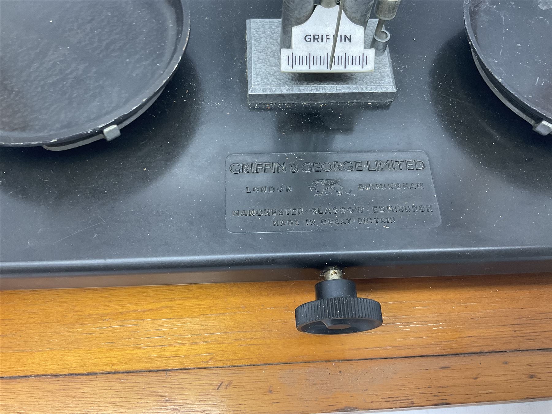 Griffin & George set of laboratory scales in fully glazed hardwood cabinet with rise-and-fall front door L44.5cm H40cm; with beech box of brass weights by Philip Harris & Co Ltd