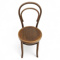 Set of three bentwood café chairs in the manner of Thonet, including a pair of side chairs (W 37cm, D 45cm, H 86cm) and a matching armchair (W 70cm, D 46cm, H 81cm), each with pressed seat decoration and continuous loop backrest