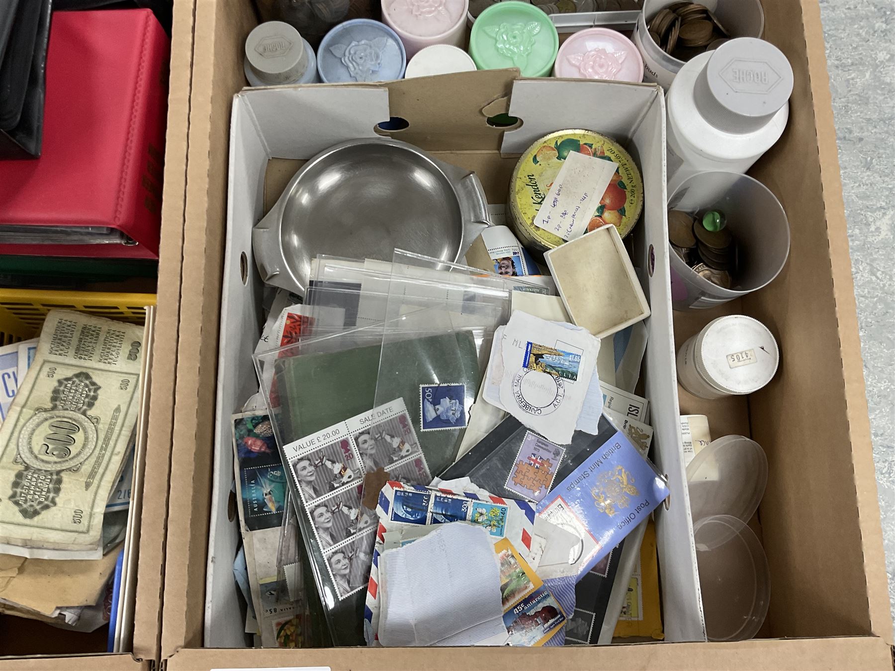 Stamps and coins, including Great British pre-decimal coins, world coins, three Australia stamp yearbooks, first day covers, loose stamps, empty folders, etc, in two boxes