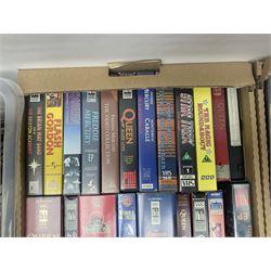 Large collection of VHS tapes, DVDS, CDs to include Queen, James Bond 007, Batman etc, in three boxes