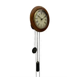 Small late 19th century German Bavarian wall clock c1880, 6” painted dial with Roman numerals, minute track and steel moon hands, cast brass bezel and flat glass with a mahogany surround, chain driven striking movement striking the hours on a bell, wooden plated movement with brass wheels and lantern pinions. With original pendulum and original weights.

