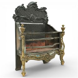 20th century Rococo style fire basket, cast iron back plate with pierced and scroll moulded cresting, steel fire bars and grate, ormolu mounted uprights with foliate scrollwork, on shaped feet