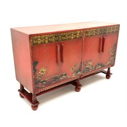 Early 20th century Chinese style red painted finish sideboard, two doors enclosing two slides turn supports joined by stretches on bun feet