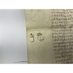 Three 17th/18th century manuscript deeds on vellum relating to properties in Bowling Alley Lane, Hull - one dated 16/12/1689 with seal 44 x 65cm; mortgage dated 20/2/1711 56 x 74cm; and assignment of mortgage dated 5/5/1727 with seal; all folded (3)