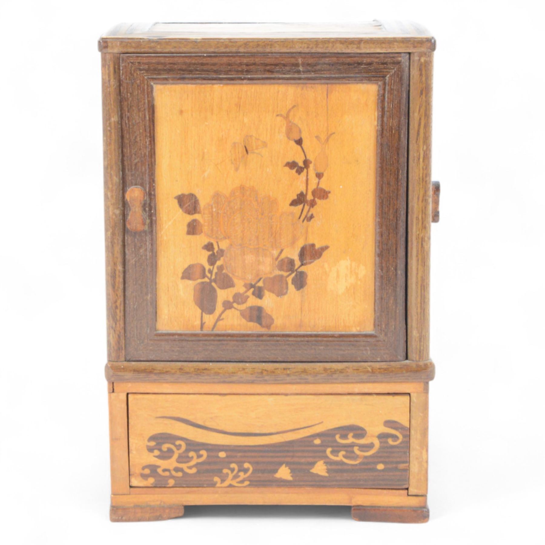Desktop smokers cabinet, with an inlaid marquetry scene of Mount Fuji, the sides opening to reveal fitted pipe racks, H25cm