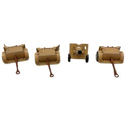 Various Makers - military vehicles comprising Schuco Kubelwagen and two Russian tanks, all boxed; and quantity of unboxed and playworn models including five Crescent Field Guns and Ammunition Limbers, Crescent Heavy Rescue Crane, Johilco Mobile Searchlight, Britains German Army BMW Combination, two Skybirds trucks etc; and a tin-plate armoured car.