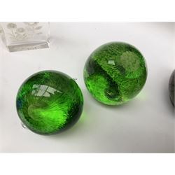 Collection of glass paperweights to include three Wedgwood examples modelled as birds, two Rosenthal faceted examples, a millefiori example, together with art glass examples to include Eirian swirled teardrop and another teardrop shaped paperweight by Caithness