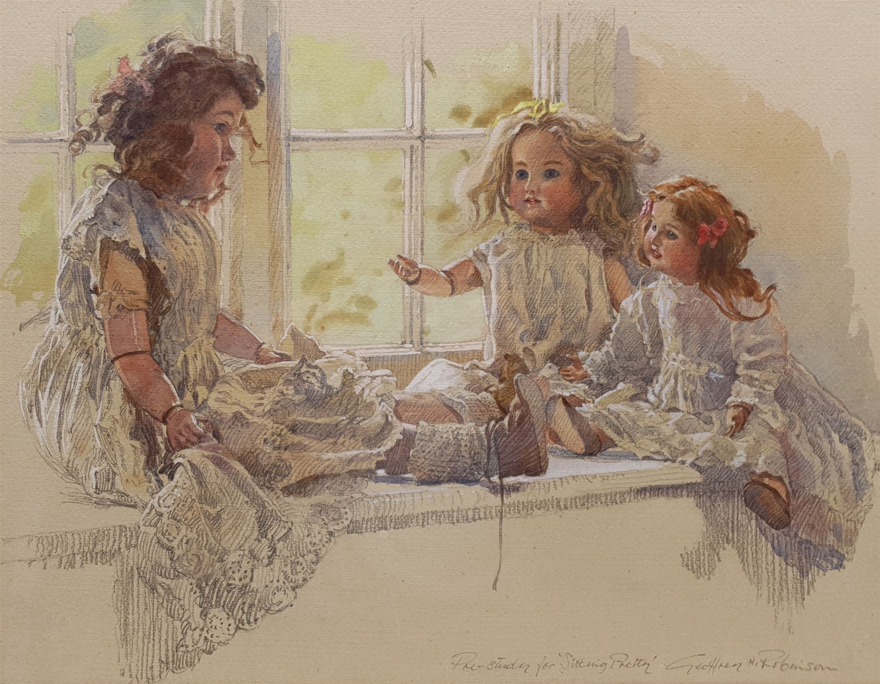 Geoffrey H Robinson (British 1925-): 'Pre-study for Sitting Pretty' - Dolls on a Windowsill, watercolour and pencil signed and titled 36cm x 47cm