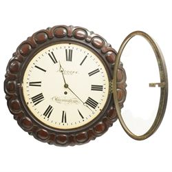 J T Cooke Birmingham - Victorian fussee wall clock, white enamel dial with Roman numerals signed J T Cooke, Hall Street, Birmingham, in mahogany case with egg and dart carved border 