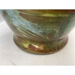 Pair of 20th century large Continental vases, of ovoid form, hand-painted with landscapes, H65cm