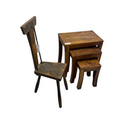 Early 20th century Celtic-design carved oak hall chair, decorated with carved interlacing knot motifs, raised on three splayed supports (W24cm, D26cm, H79cm); nest of three hardwood tables, rectangular tops raised on curved and splayed supports (W45cm, D30cm, H46cm) 