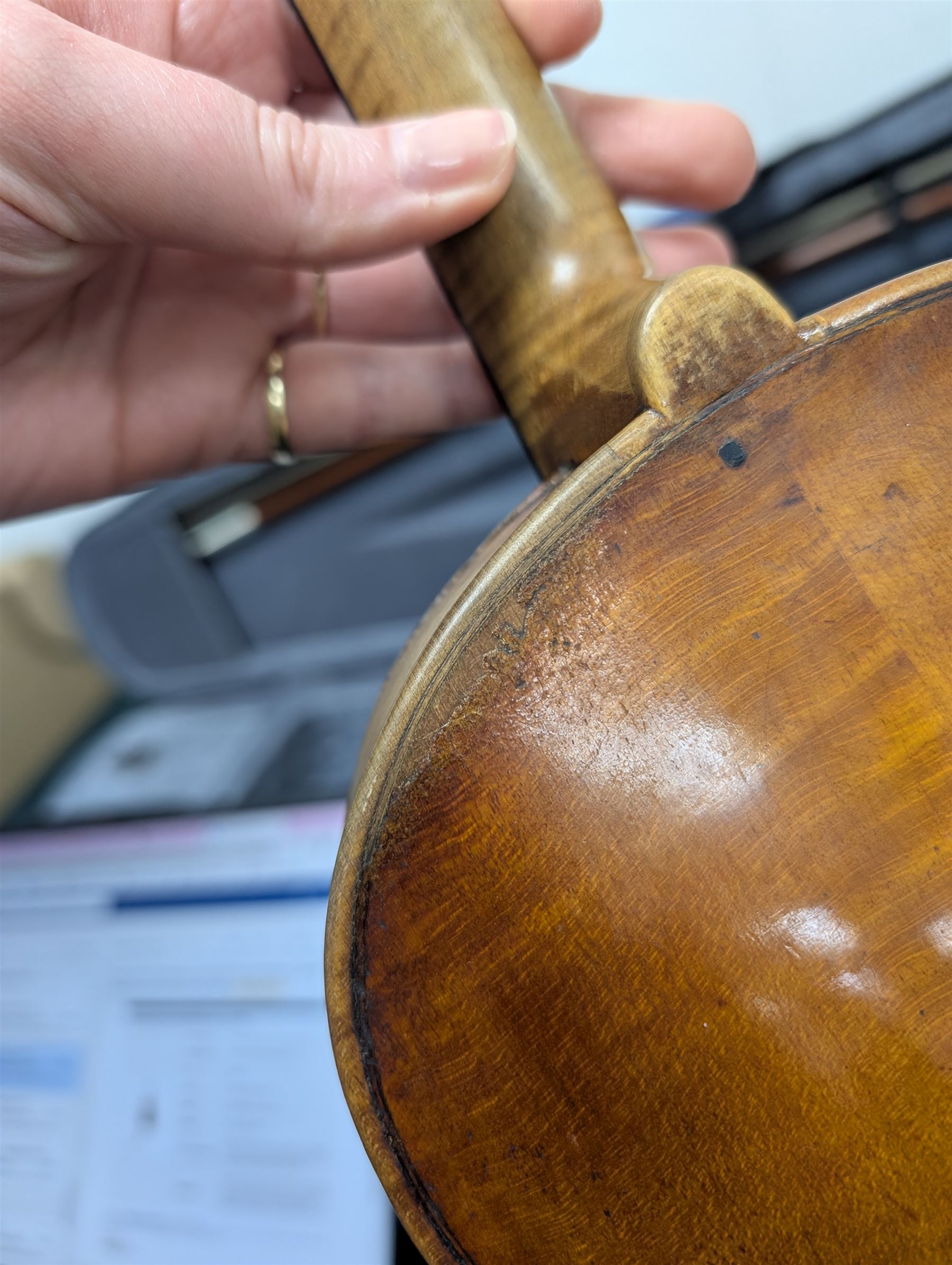 20th century violin, bearing label for Antonius and Hieronymus Amati, with bow stamped G. Werner, contained within fitted case