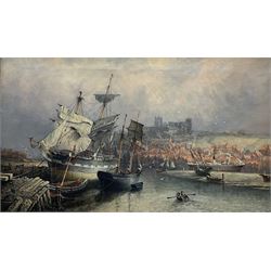 Richard Weatherill (British 1844-1913): Whitby Harbour with Sailing Boats and Steam Ship at Low Tide, oil on canvas signed 44cm x 76cm
Notes: this is a near identical view to the one sold by David Duggleby Ltd 6th November 2020 Lot 96, which at 60cm x 90cm was the largest work by Weatherill to have come on the market in the last 20 years