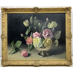Jack Heyworth (20th century): Still Life of Roses, oil on board signed, artist's 'Haslingden' address label verso 39cm x 49cm
