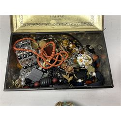 Collection of costume jewellery including beaded necklaces, brooches and clip on earrings with six wristwatches including Sekonda and Junghans