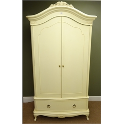  Wallis & Gambier Ivory bow fronted armoire, arched cresting  with classical swags, two doors enclosing hanging rail above single drawer, shell carved cabriole feet, W109cm, H204cm, D63cm  