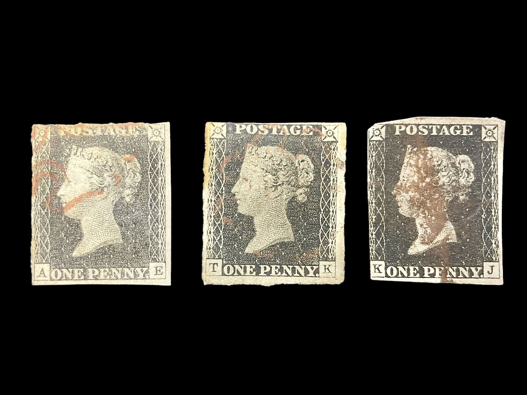 Three Great Britain Queen Victoria penny black stamps, all with cancels