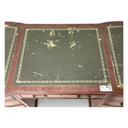 Queen Anne design burr walnut pedestal desk, of serpentine form with green tooled leather inset top, nine drawers with brass swan-neck handles, raised on bracket feet, in three parts