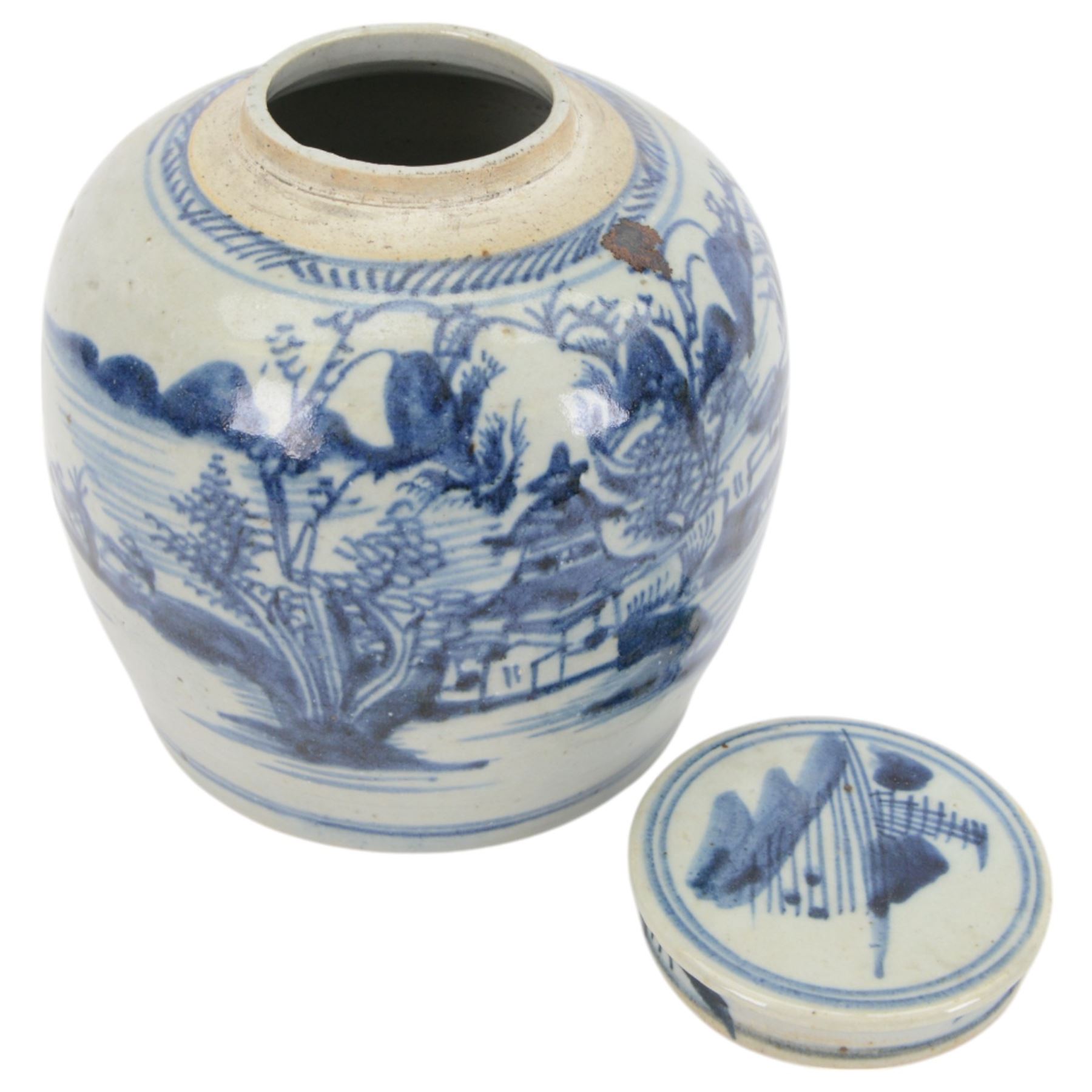 19th century Chinese blue and white ginger jar and cover, decorated with a pagoda in a landscape, H22cm 