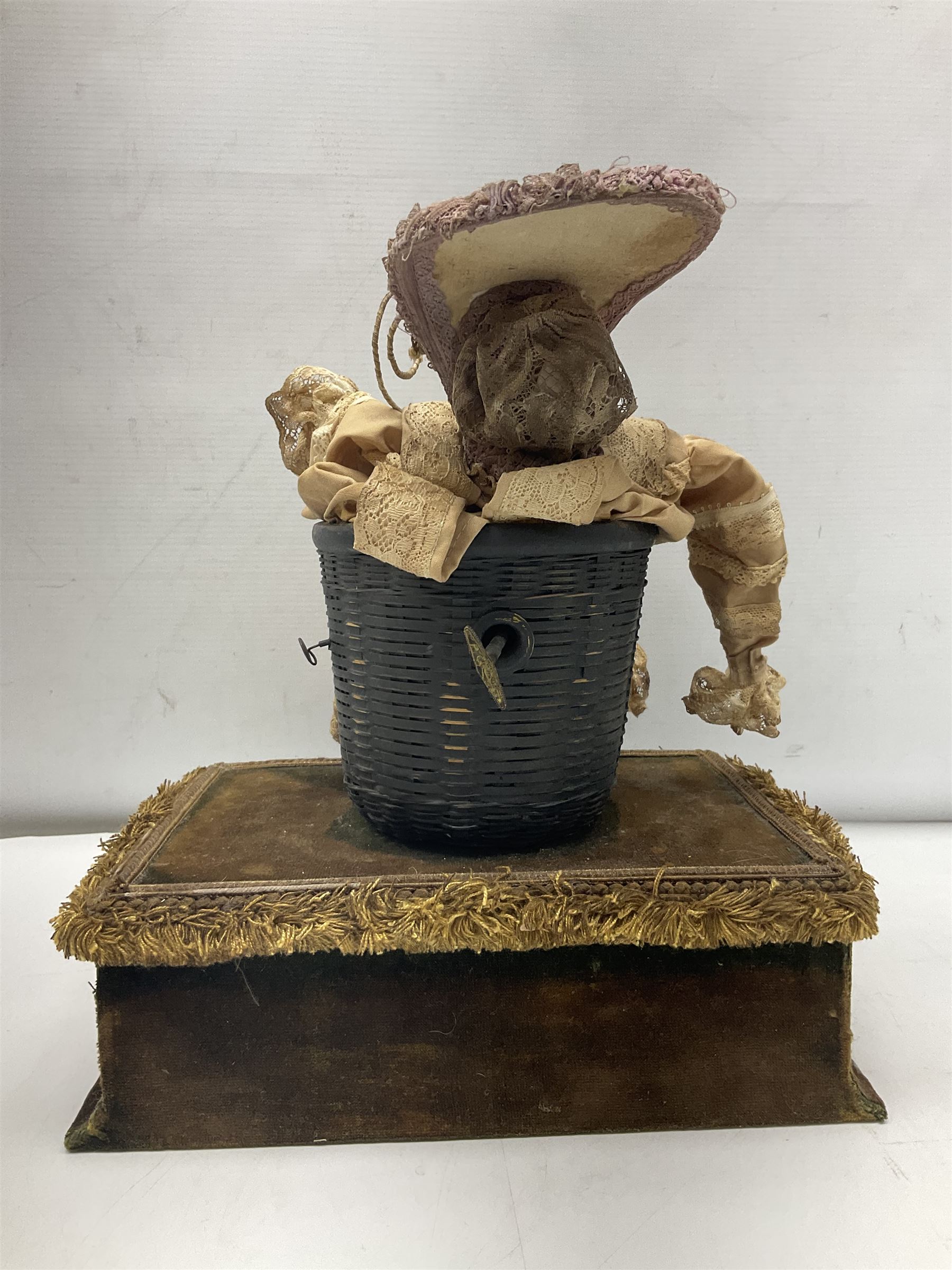 Modern reproduction automaton in the form of a baby doll in a basket clothed in Victorian style lace bloomers and frilled bonnet; clockwork action; on raised platform; with French paper label on base, 29cm wide,