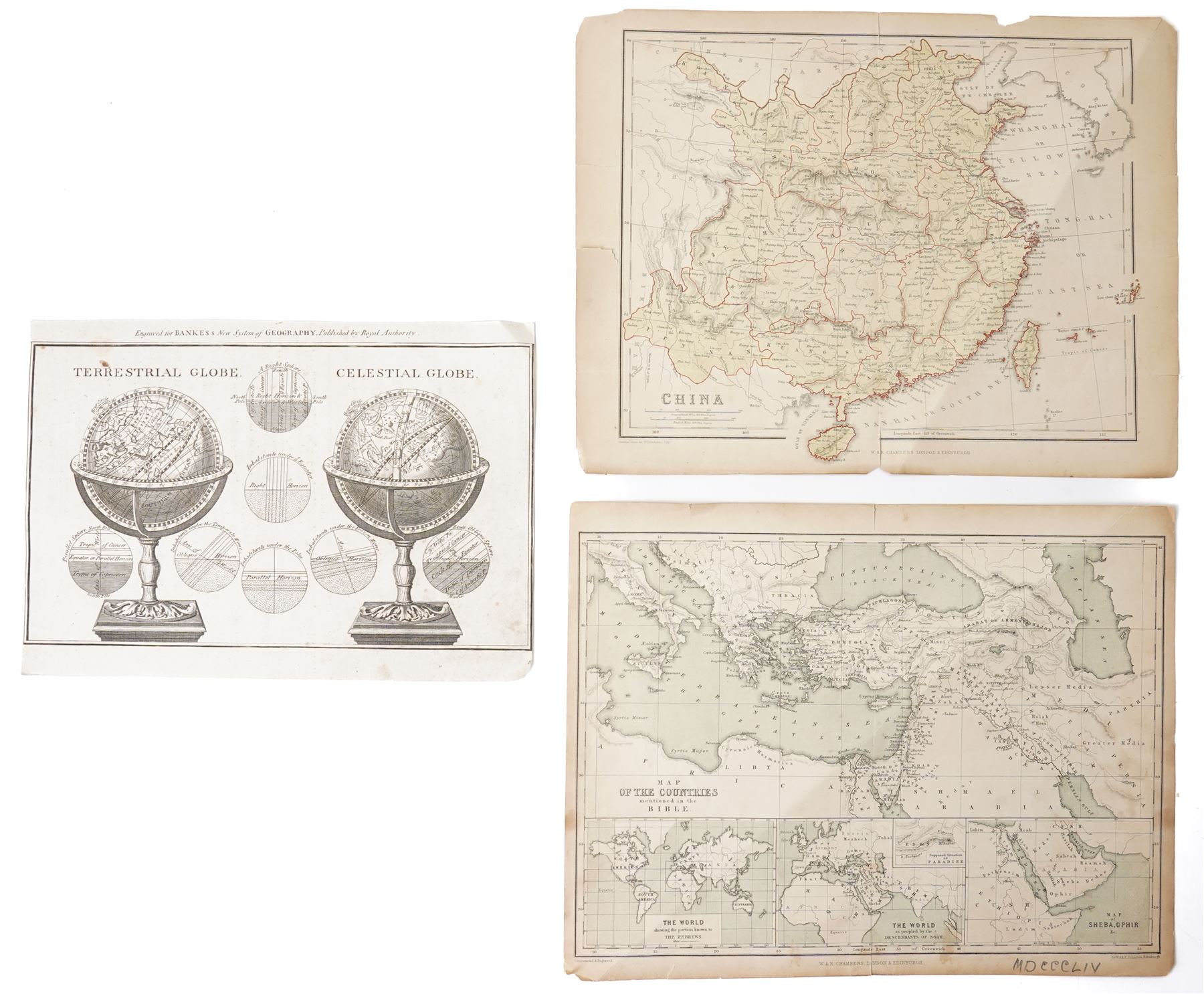‘Terrestrial Globe & Celestial Globe’, early 19th-century engraved plate from Bankes’ New System of Geography; together with W. & R. Chambers (British, fl. 19th century): ‘Map of the Countries Mentioned in the Bible’, engraved map with inset world maps pub. London & Edinburgh 1854; and W. & R. Chambers: ‘China’, 19th-century engraved map with hand-colouring (3) (unframed)
