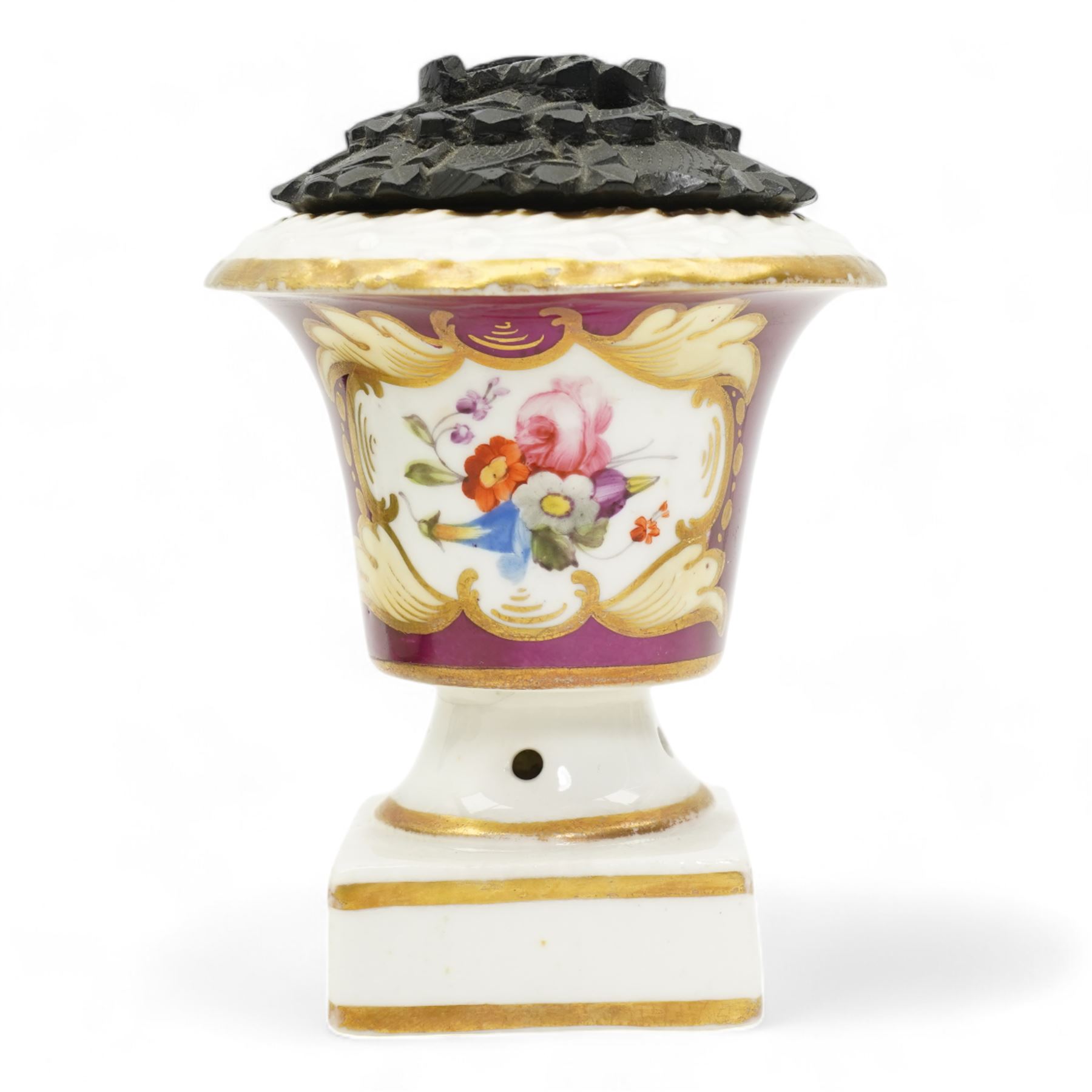 19th century porcelain campana form pot pourri vase, with associated cover, probably Derby, 18th century Worcester scale blue ground kakiemon coffee cup and saucer, c1770, Copeland and Garrett cylindrical vase with flared rim and four scroll supports, H12cm, porcelain chamber stick, modelled as a leaf with grapes flanking the ring handle and a Chinese Export egg cup 