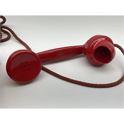 1950s Siemens Brothers red telephone with chrome rotary dial with enamel number plate and Siemens dial label, model 356, the body with base drawer below gilt logo, the handset with impressed mark PAT. 328926 PAT. SA 9/30, with red braided cord and red junction box (detatched), W15cm D18.5cm H14cm