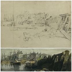 George Balmer (British 1806-1846): 'Burlington' Quay Bridlington, pencil sketch for engraving titled in the artist's hand 22cm x 39cm, together with the hand-coloured engraving by James Stephenson (British 1808-1886) pub. William Finden's 'The Ports, Harbours, Watering-Places and Coast Scenery of Great Britain' c.1842, 15cm x 18cm (2)