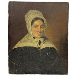 English School (Early 19th century): Portrait of 'Janet Sanderson', Woman Wearing Bonnet, oil on board unsigned, labelled verso 28cm x 23cm (unframed)