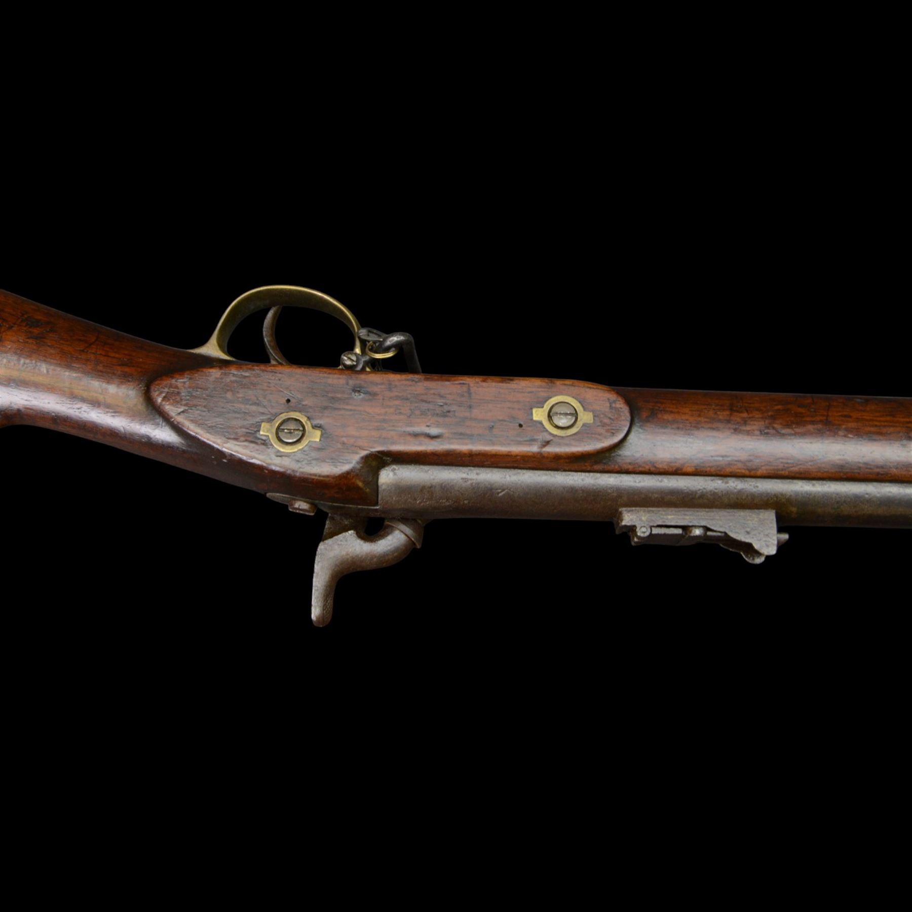 19th century Enfield percussion rifle, the 99cm barrel with three barrel bands, fore sight and rear sight, ramrod under, full walnut stock with brass butt, carrying sling brackets, action marked '1855 Tower' with Victoria cypher, overall L138cm