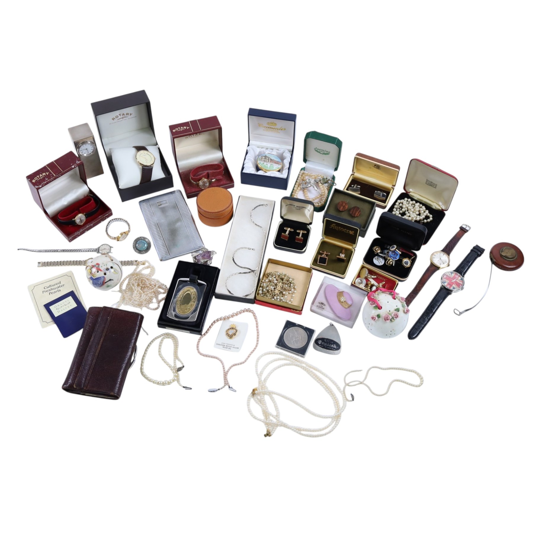 Collection of costume jewellery and wristwatches, including Rotary watches, faux pearl necklaces, etc, together with a Cummels trinket box and other collectables