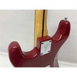 1990s Korean Squier Fender Stratocaster electric guitar in cherry red; serial no.S965951, L98cm