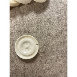 19th century walnut and brass bound games compendium box, painted to enhance the grain, of rectangular form, the hinged opening cover with rounded sides, central brass cartouche with engraved lion crest, and brass riveted straps, opening to reveal a red leather and blue silk lined compartmented interior, with fold-down games board, and lift-out tray containing playing cards, ebony turned dice towers, white and red stained bone draughts, and chess pieces, ivory dice, and ivory and ebony whist markers, and brass bezique board, cribbage board and markers, H15cm W32cm D24cm
This lot has been registered for sale under Section 10 of the APHA Ivory Act