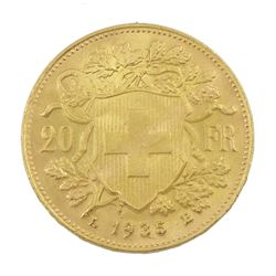 Swiss 1935 gold twenty francs coin