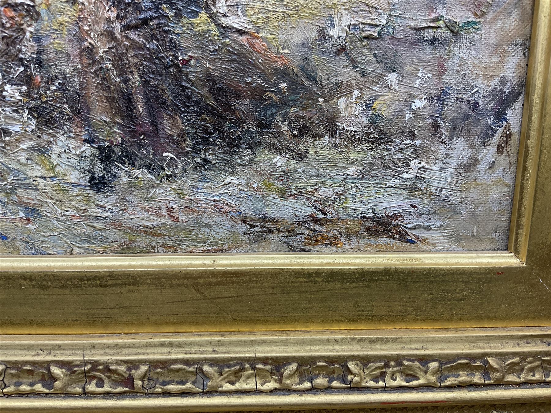 George Smith (Scottish 1870-1934): Harvesting, oil on board signed 30cm x 40cm 
Provenance: with Doig Wilson & Wheatley, Edinburgh, label verso