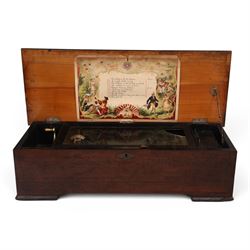 Swiss-Late 19th-century musical box playing ten airs, 62 tooth steel comb and brass cylinder, crank operated going barrel with a jewelled governor, with original tune sheet, W60cm