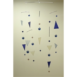  Geometric coloured glass mobile, the Counter-balanced Kandinsky inspired sculpture made up of triangular and spherical glass drops suspended from clear wire and chrome frame, H82cm   