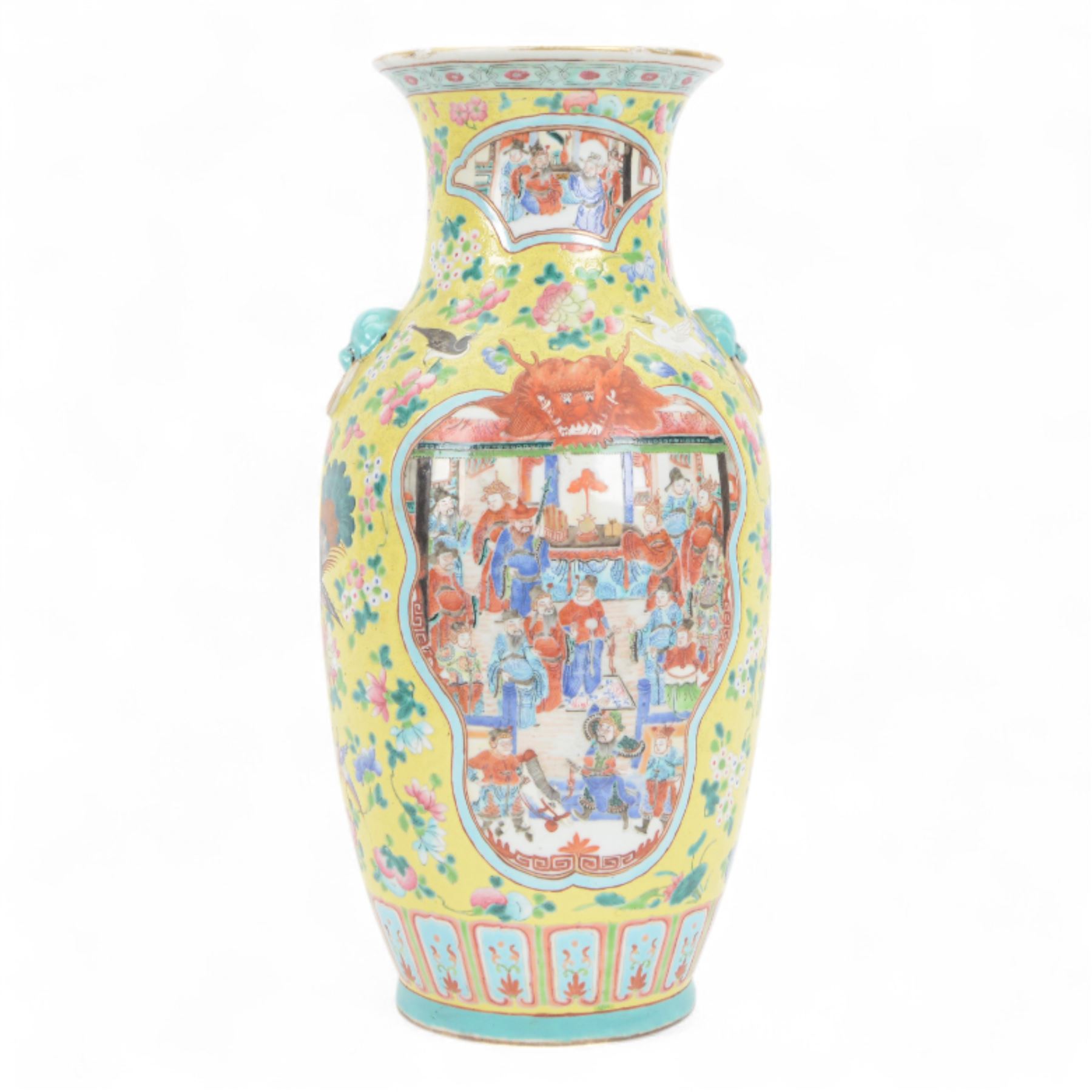 19th century Chinese famille rose yellow ground porcelain vase, of baluster form with twin applied mask ring handles, the body decorated with two shaped reserves mounted with dragon heads, depicting warriors at battle and at court, the neck with two smaller conforming figural reserves, upon a yellow ground decorated with exotic birds amidst scrolling blossom, H45.cm