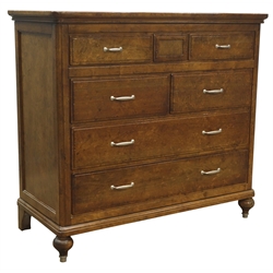  Quality reproduction walnut chest, five shot and two long drawers, oak lined, turned feet, W126cm, H115cm, D55cm  