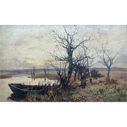 William Manners (British 1860-1930): Collecting Sticks by the Riverside, oil on board sign...