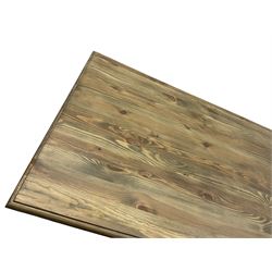 Pine kitchen dining table, rectangular moulded top on painted base, square tapering supports (180cm x 85cm, H78cm); and two matching benches 