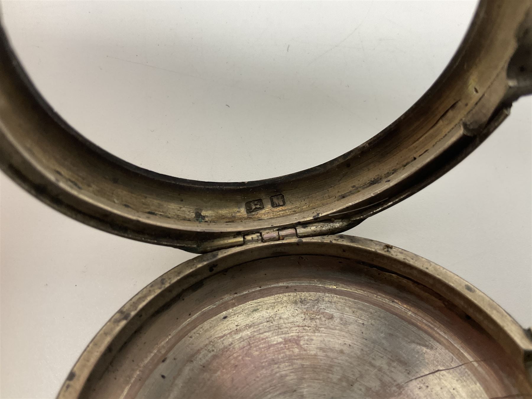 Victorian silver pair cased fusee lever pocket watch, No. 6765, cream enamel dial with Roman numerals, case makers mark R.S, Birmingham 1861, on silver Albert chain